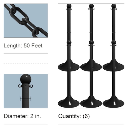 Mr. Chain Black Light Duty Stowable Stanchion Kit and Chain, 6PK 73503-6